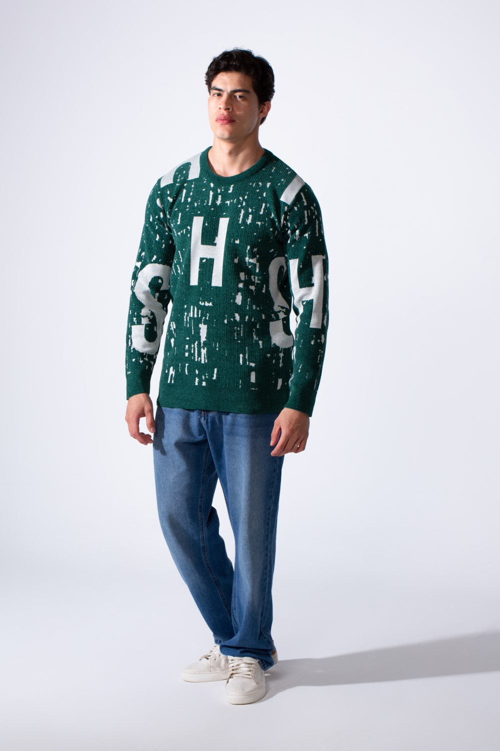 Men's Modern Crew Neck Slim Fit Textured With Artistic Print Pullover