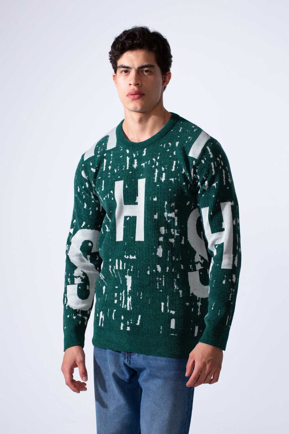 Men's Modern Crew Neck Slim Fit Textured With Artistic Print Pullover