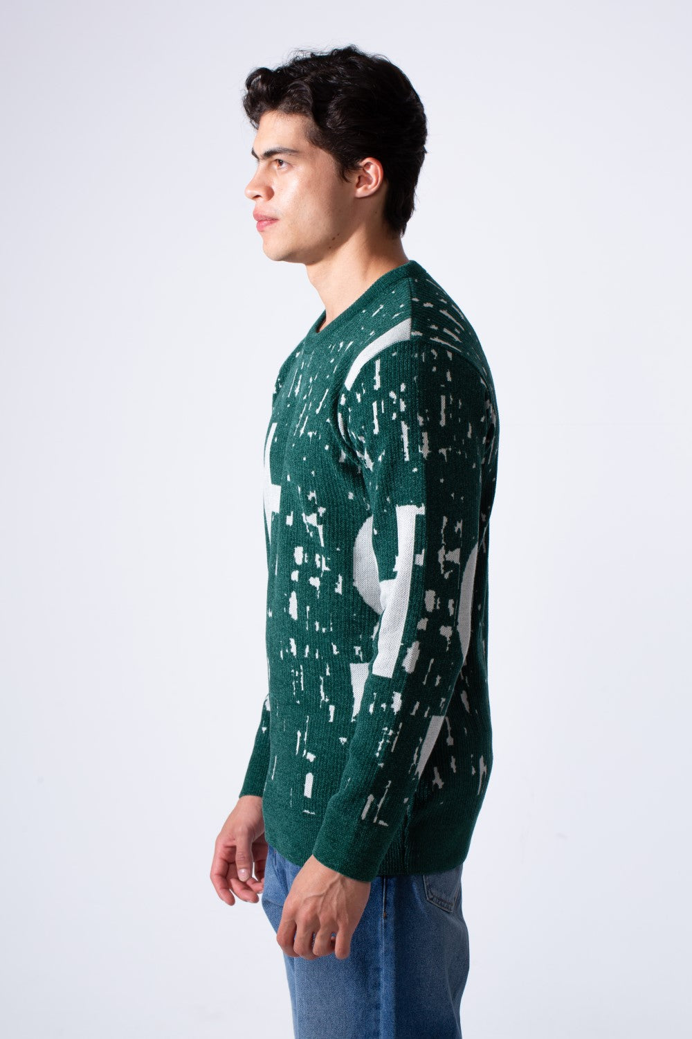 Men's Modern Crew Neck Slim Fit Textured With Artistic Print Pullover