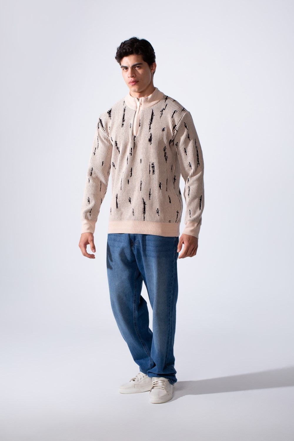 Men's Long Sleeve With textured Fabric Printed Half Zip Sweater Pullover