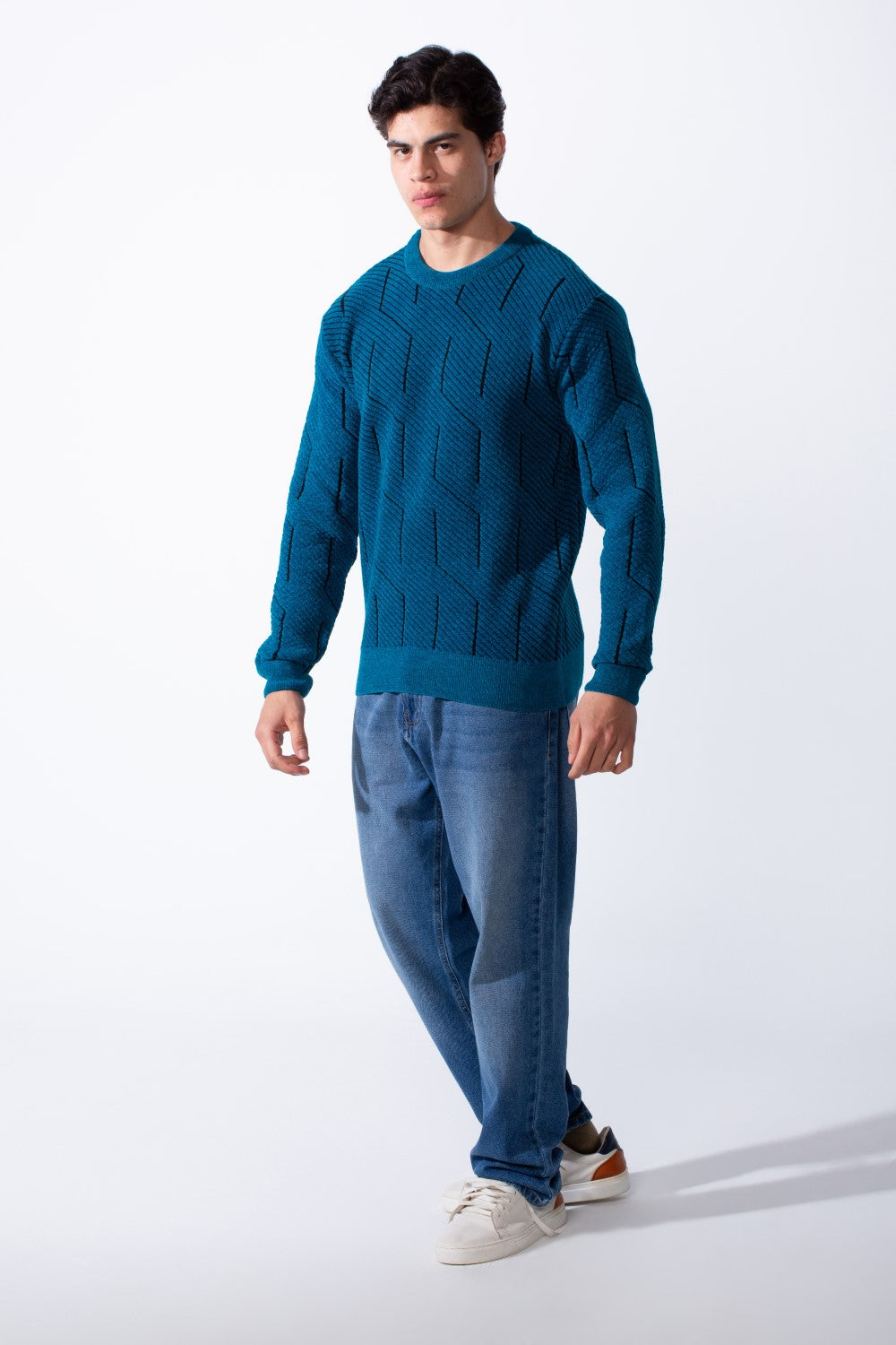Men's Slim Fit With Unique Textured Design Round Neckline Jakar Pullover Sweater