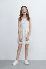 Girl's Tomato Store Floral Print Linen Dress Sleeveless Design Gathered Waist Detail Soft All Over Ditsy Floral Pattern
