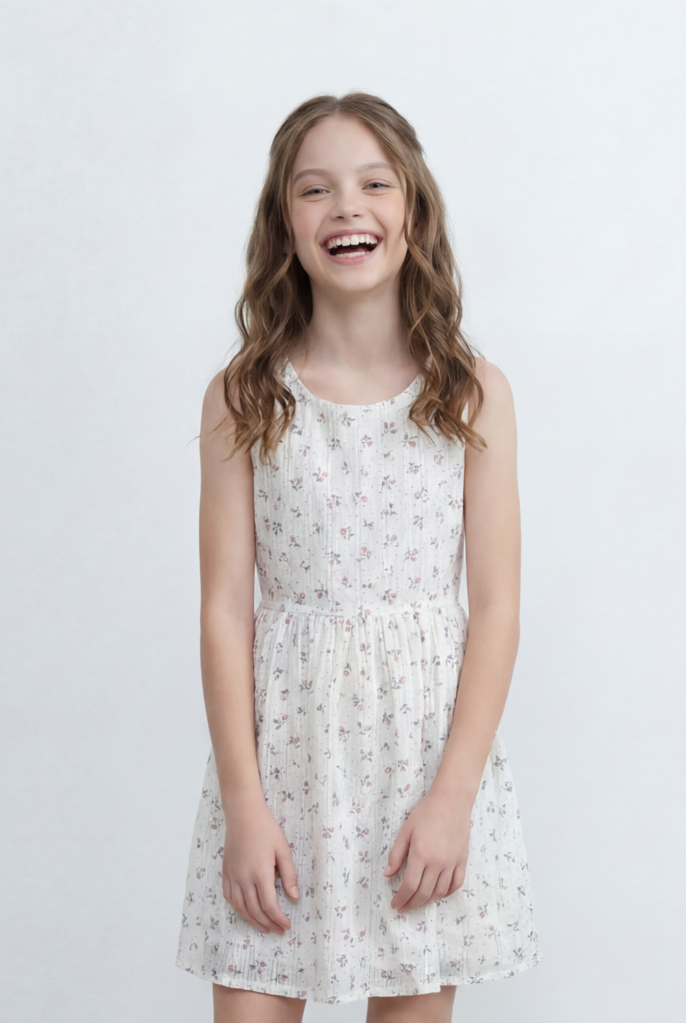 Girl's Tomato Store Floral Print Linen Dress Sleeveless Design Gathered Waist Detail Soft All Over Ditsy Floral Pattern