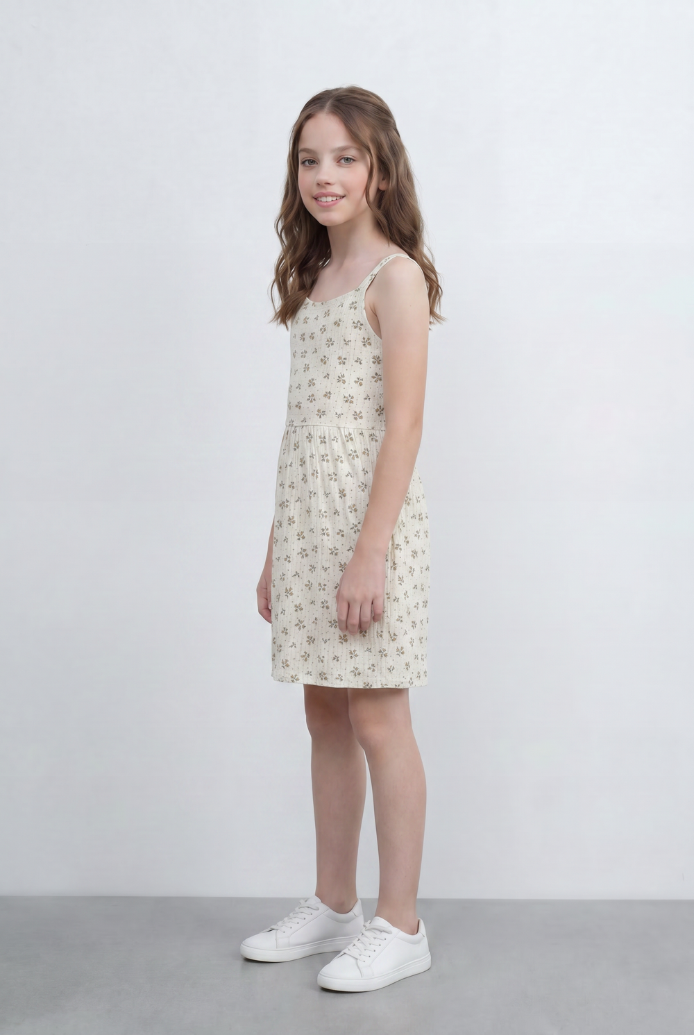 Girl's Floral Print Dress Sleeveless Design Gathered Waist Detail Soft All Over Ditsy Floral Pattern