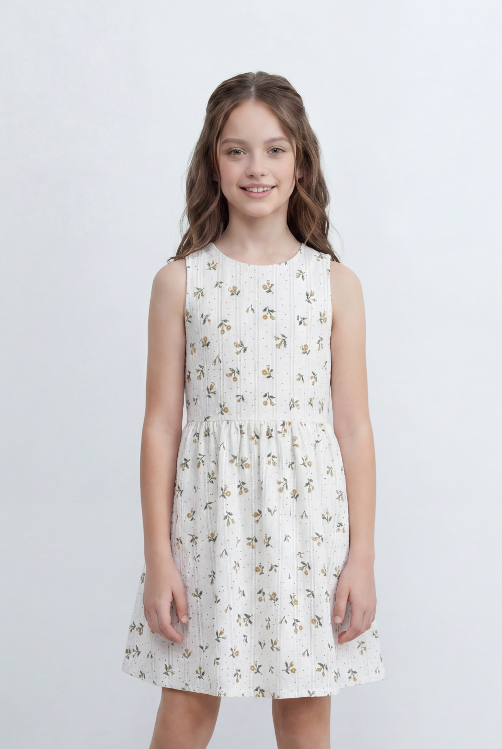 Girl's Tomato Store Floral Print Linen Dress Sleeveless Design Gathered Waist Detail Soft All Over Ditsy Floral Pattern