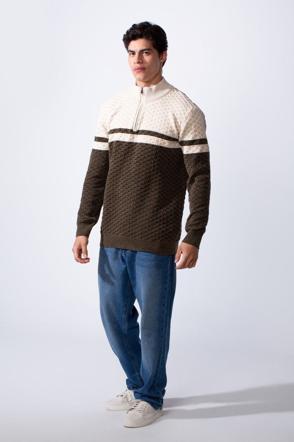 Men's Half Zip High Nicklin Modern Chest Stripes Textured Fabric In Slim Fit Pullover