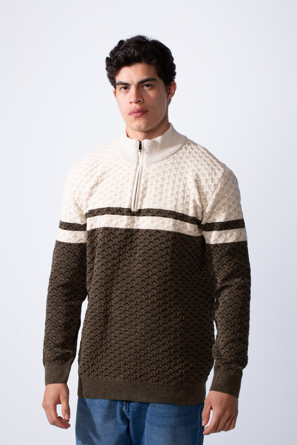 Men's Half Zip High Nicklin Modern Chest Stripes Textured Fabric In Slim Fit Pullover