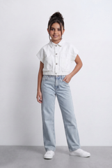 Girl's Sleeveless Cropped Jeans Vest With Elastic Hem And Boxy Design