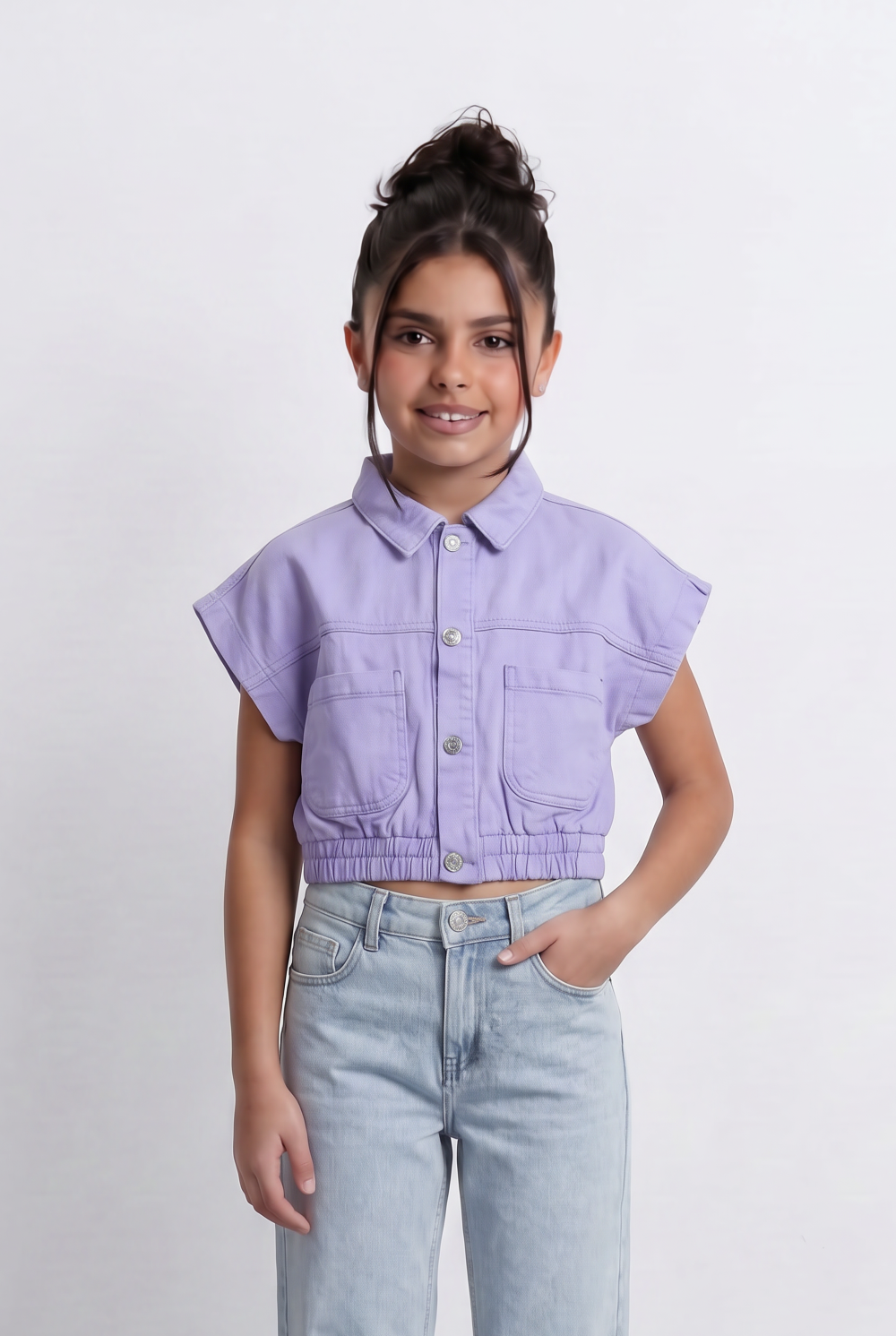 Girl's Sleeveless Cropped Jeans Vest With Elastic Hem And Boxy Design