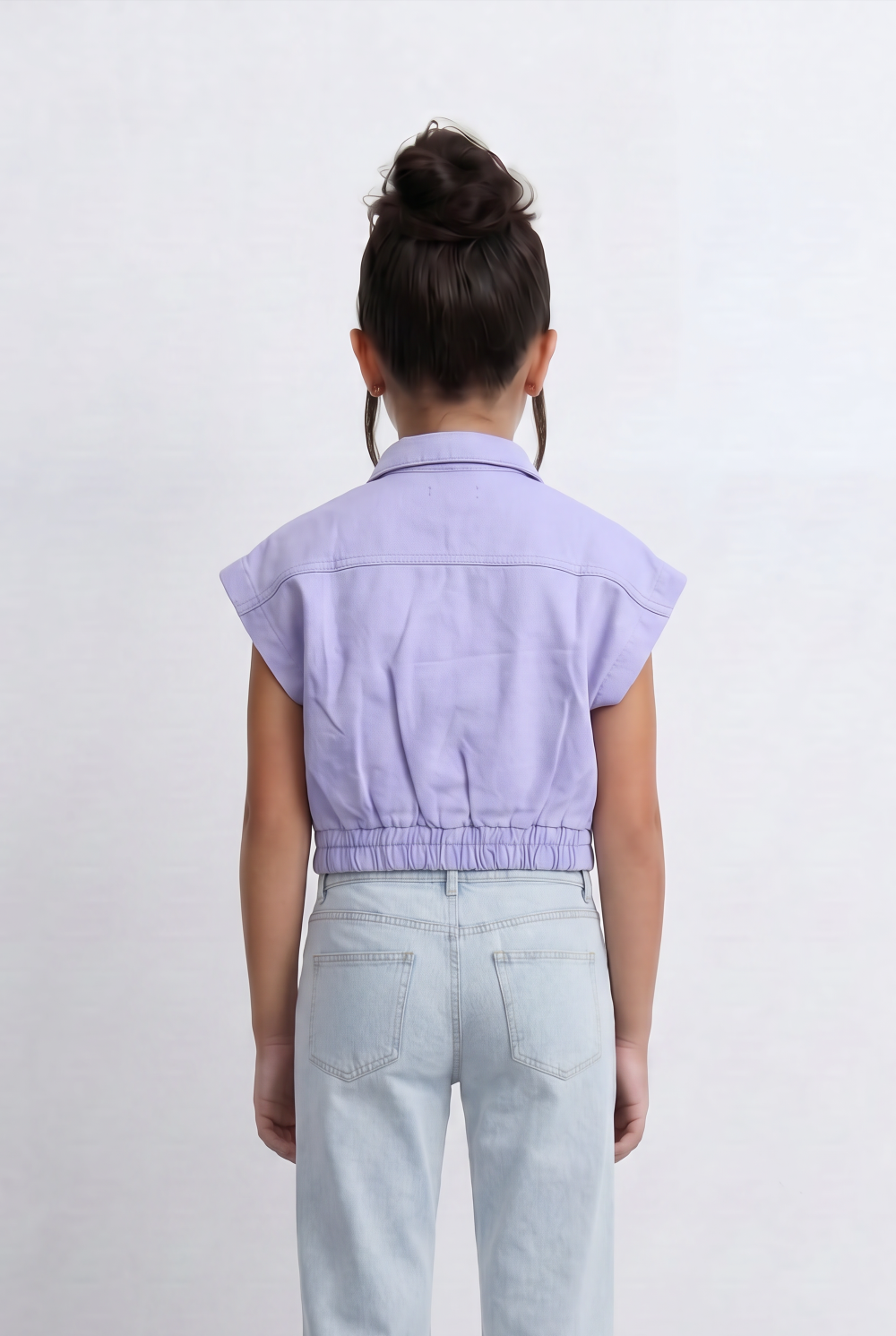 Girl's Sleeveless Cropped Jeans Vest With Elastic Hem And Boxy Design