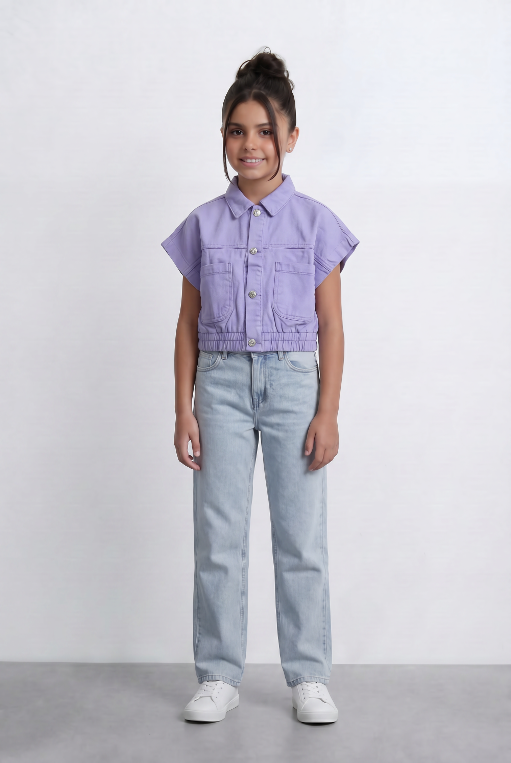 Girl's Sleeveless Cropped Jeans Vest With Elastic Hem And Boxy Design