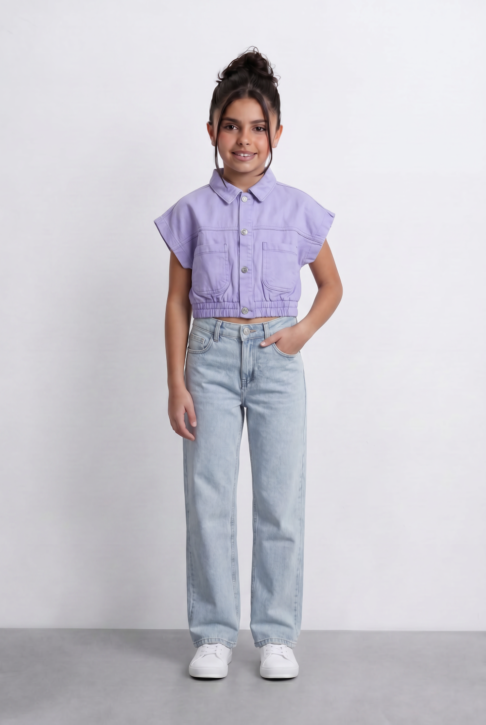 Girl's Sleeveless Cropped Jeans Vest With Elastic Hem And Boxy Design