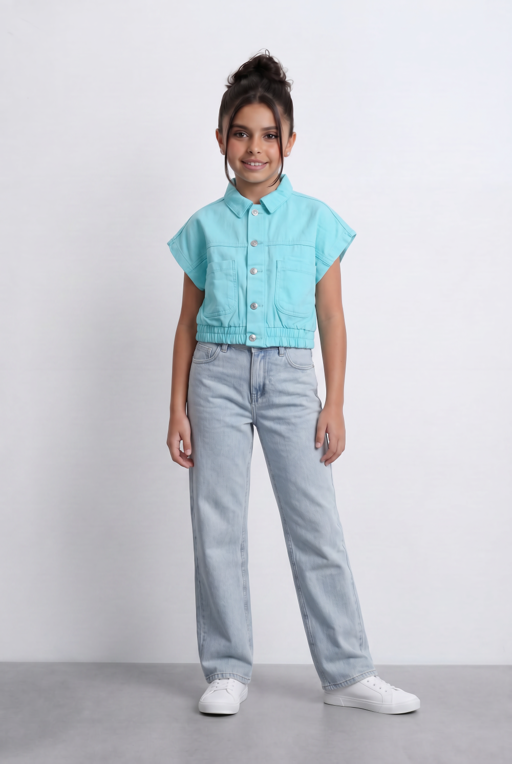 Girl's Sleeveless Cropped Jeans Vest With Elastic Hem And Boxy Design