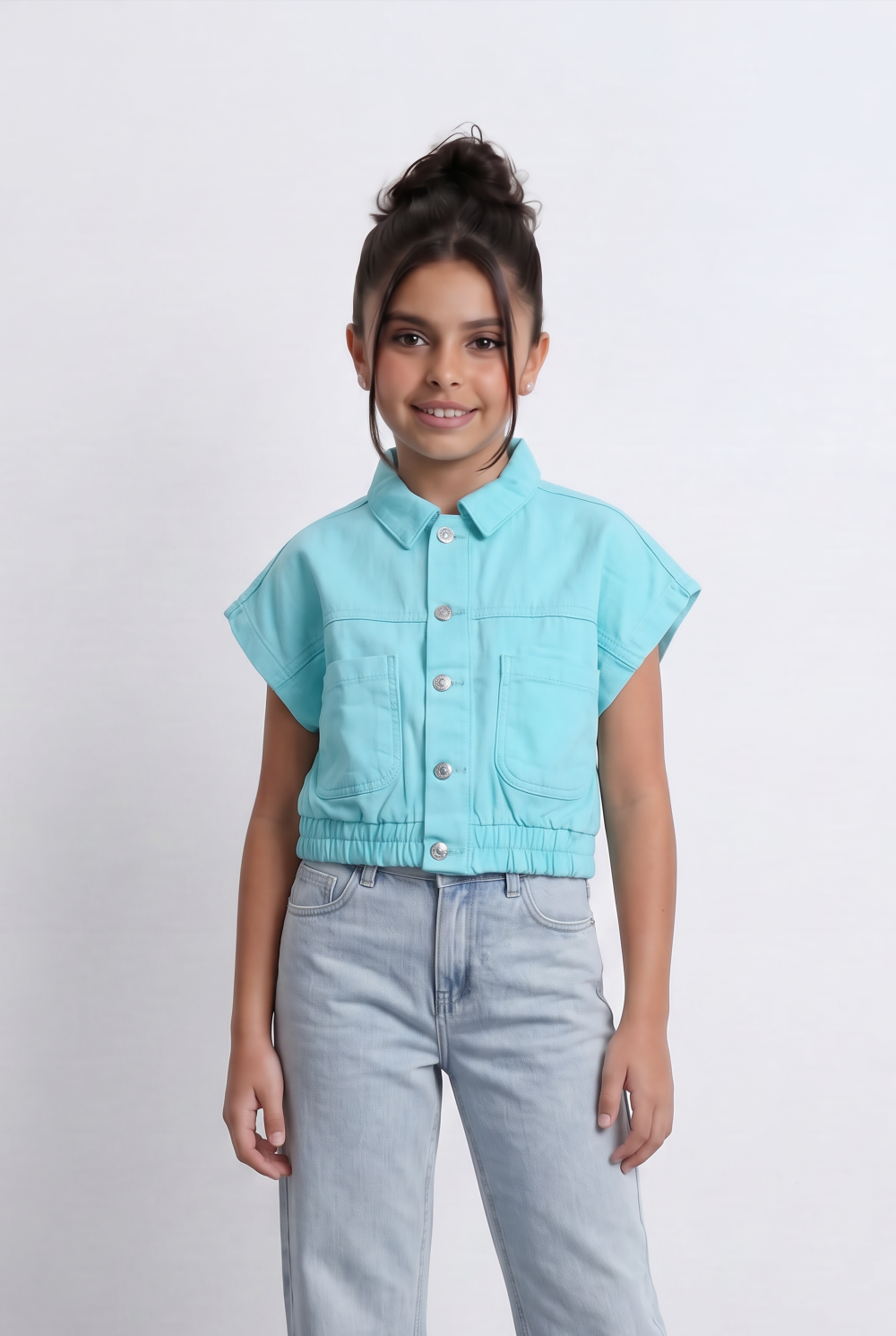 Girl's Sleeveless Cropped Jeans Vest With Elastic Hem And Boxy Design
