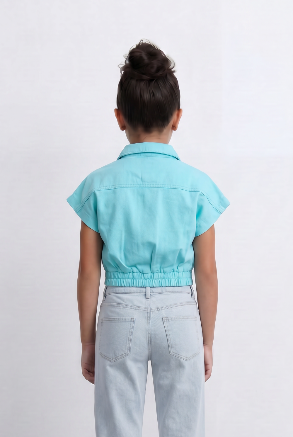 Girl's Sleeveless Cropped Jeans Vest With Elastic Hem And Boxy Design