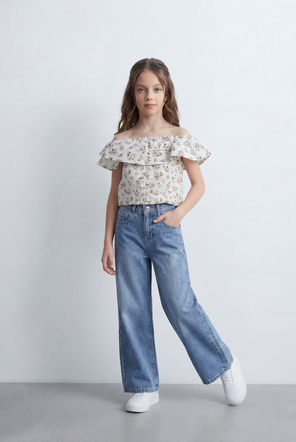 Girl's Tomato Store Floral Top All Over Print Ruffle Neck Detail Off Shoulder Soft Flow Shape Blouses