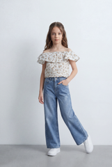 Girl's Tomato Store Floral Top All Over Print Ruffle Neck Detail Off Shoulder Soft Flow Shape Blouses