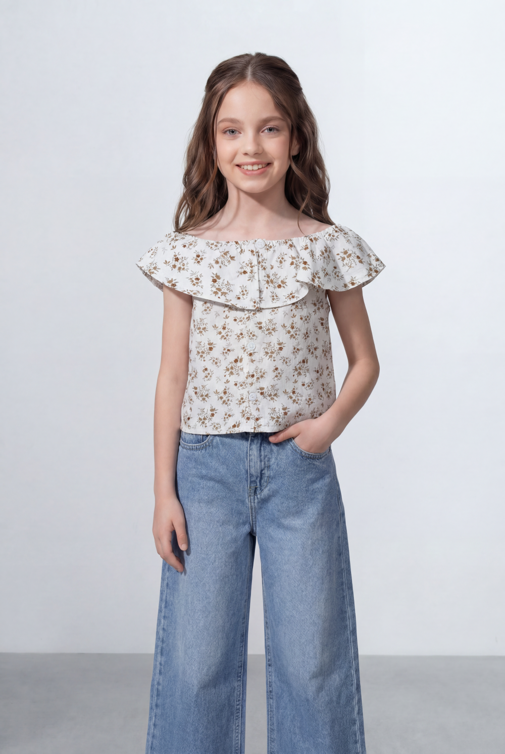 Girl's Tomato Store Floral Top All Over Print Ruffle Neck Detail Off Shoulder Soft Flow Shape Blouses