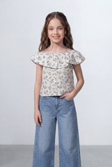 Girl's Tomato Store Floral Top All Over Print Ruffle Neck Detail Off Shoulder Soft Flow Shape Blouses