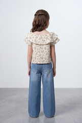 Girl's Tomato Store Floral Top All Over Print Ruffle Neck Detail Off Shoulder Soft Flow Shape Blouses