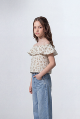 Girl's Tomato Store Floral Top All Over Print Ruffle Neck Detail Off Shoulder Soft Flow Shape Blouses