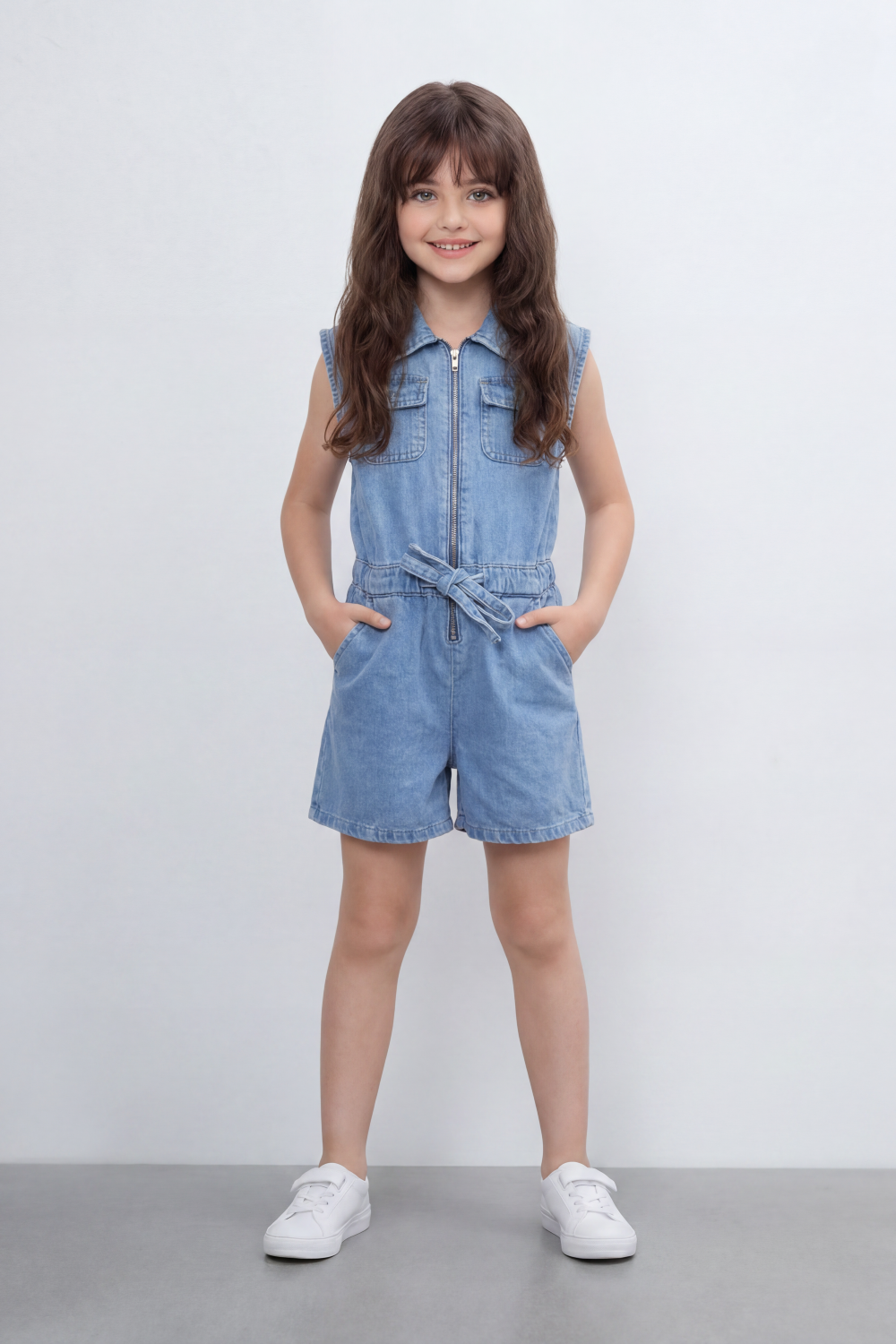 Girl's Tomato Store Zip Denim Reguler Fit Playsuit Washed Denim Texture Faded Grain Surface Front Zip Closure Elastic Drawcord Waist Jumpsuit