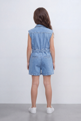 Girl's Tomato Store Zip Denim Reguler Fit Playsuit Washed Denim Texture Faded Grain Surface Front Zip Closure Elastic Drawcord Waist Jumpsuit