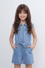 Girl's Tomato Store Zip Denim Reguler Fit Playsuit Washed Denim Texture Faded Grain Surface Front Zip Closure Elastic Drawcord Waist Jumpsuit