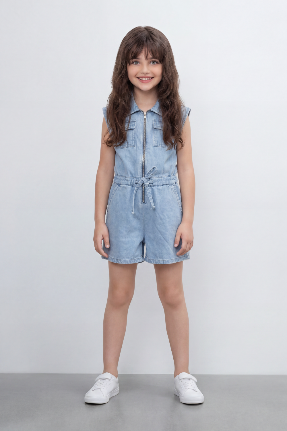 Girl's Tomato Store Zip Denim Reguler Fit Playsuit Washed Denim Texture Faded Grain Surface Front Zip Closure Elastic Drawcord Waist Jumpsuit