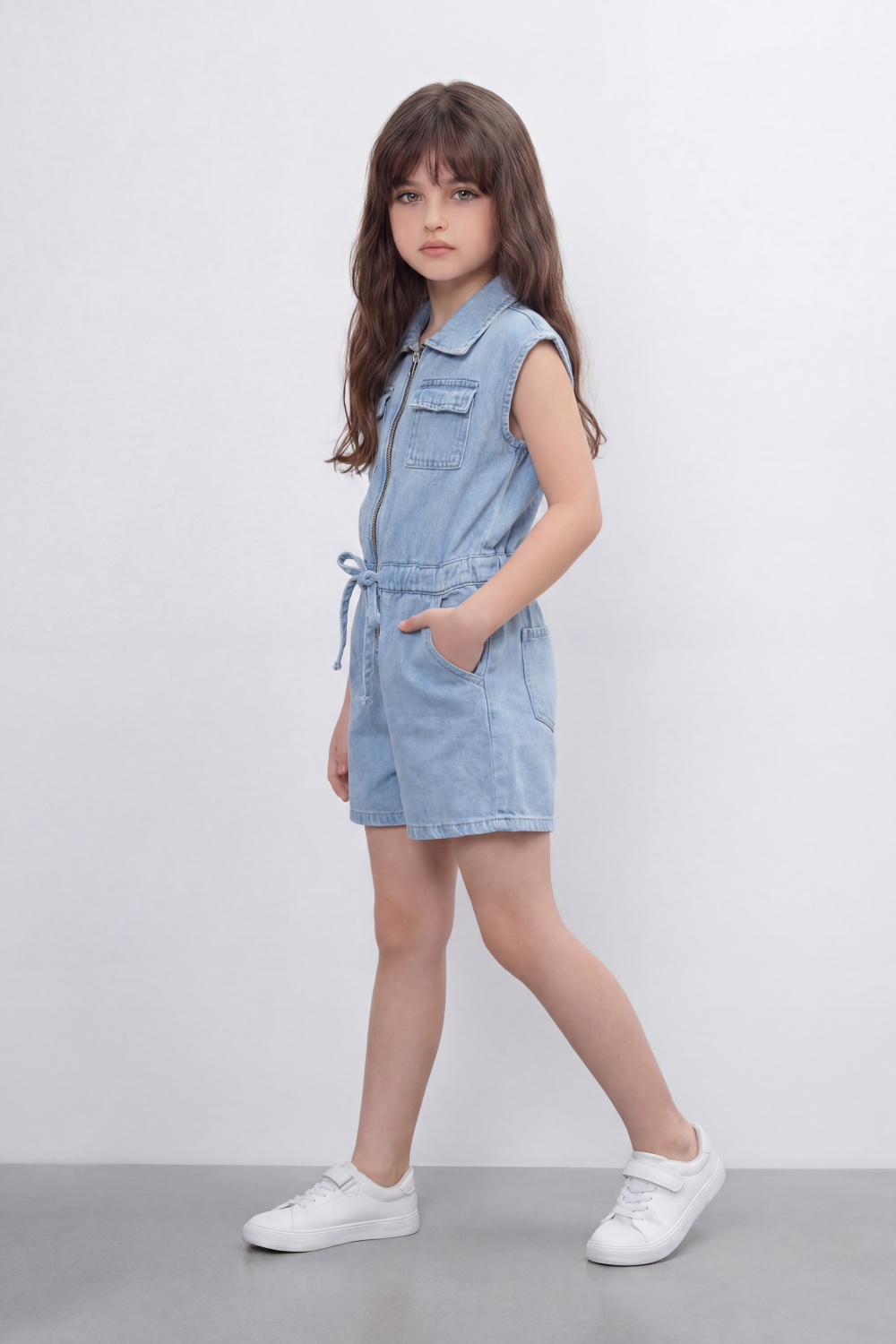 Girl's Tomato Store Zip Denim Reguler Fit Playsuit Washed Denim Texture Faded Grain Surface Front Zip Closure Elastic Drawcord Waist Jumpsuit