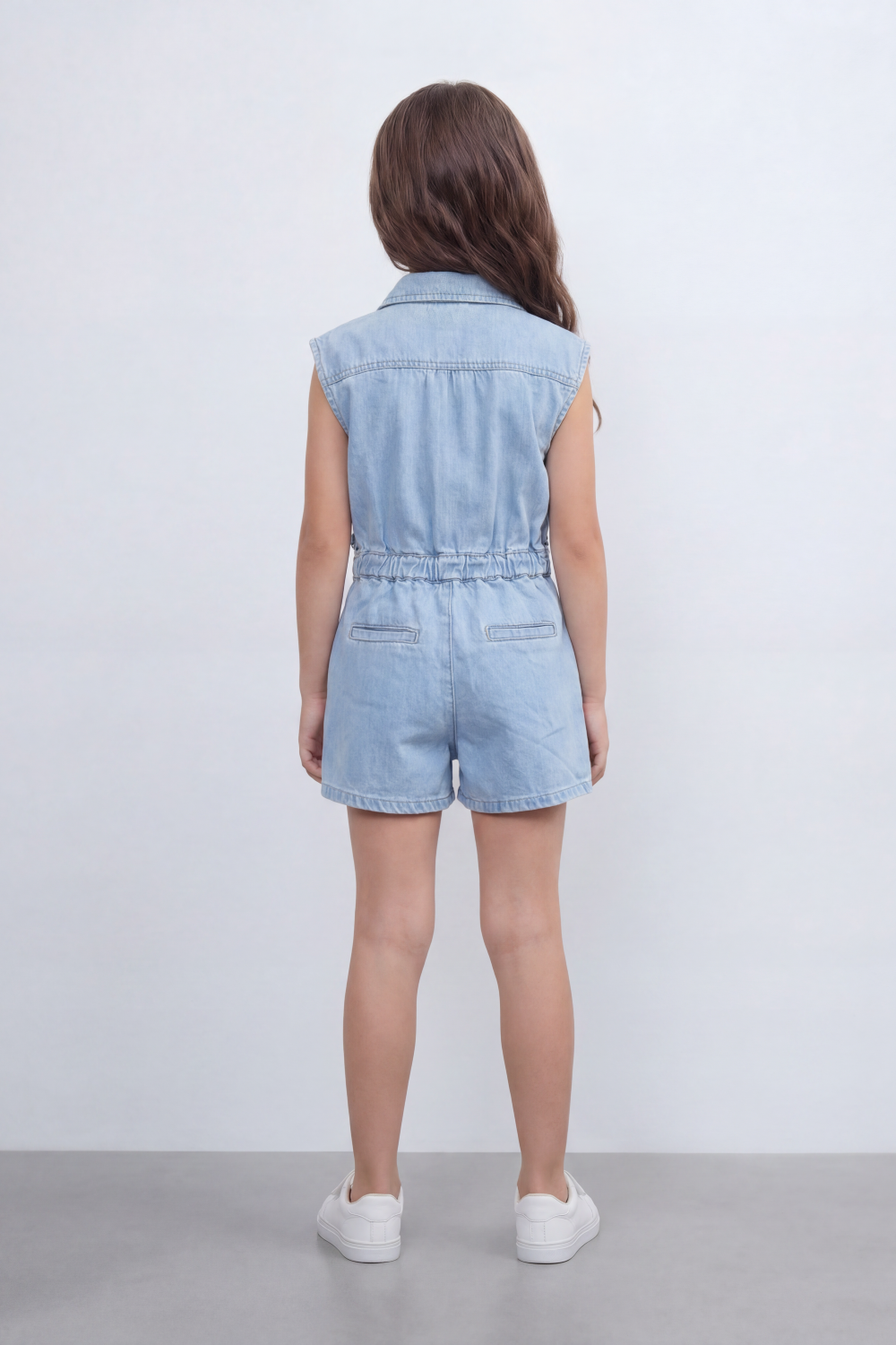 Girl's Tomato Store Zip Denim Reguler Fit Playsuit Washed Denim Texture Faded Grain Surface Front Zip Closure Elastic Drawcord Waist Jumpsuit