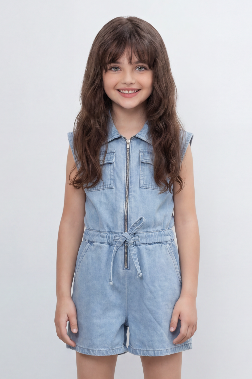Girl's Tomato Store Zip Denim Reguler Fit Playsuit Washed Denim Texture Faded Grain Surface Front Zip Closure Elastic Drawcord Waist Jumpsuit