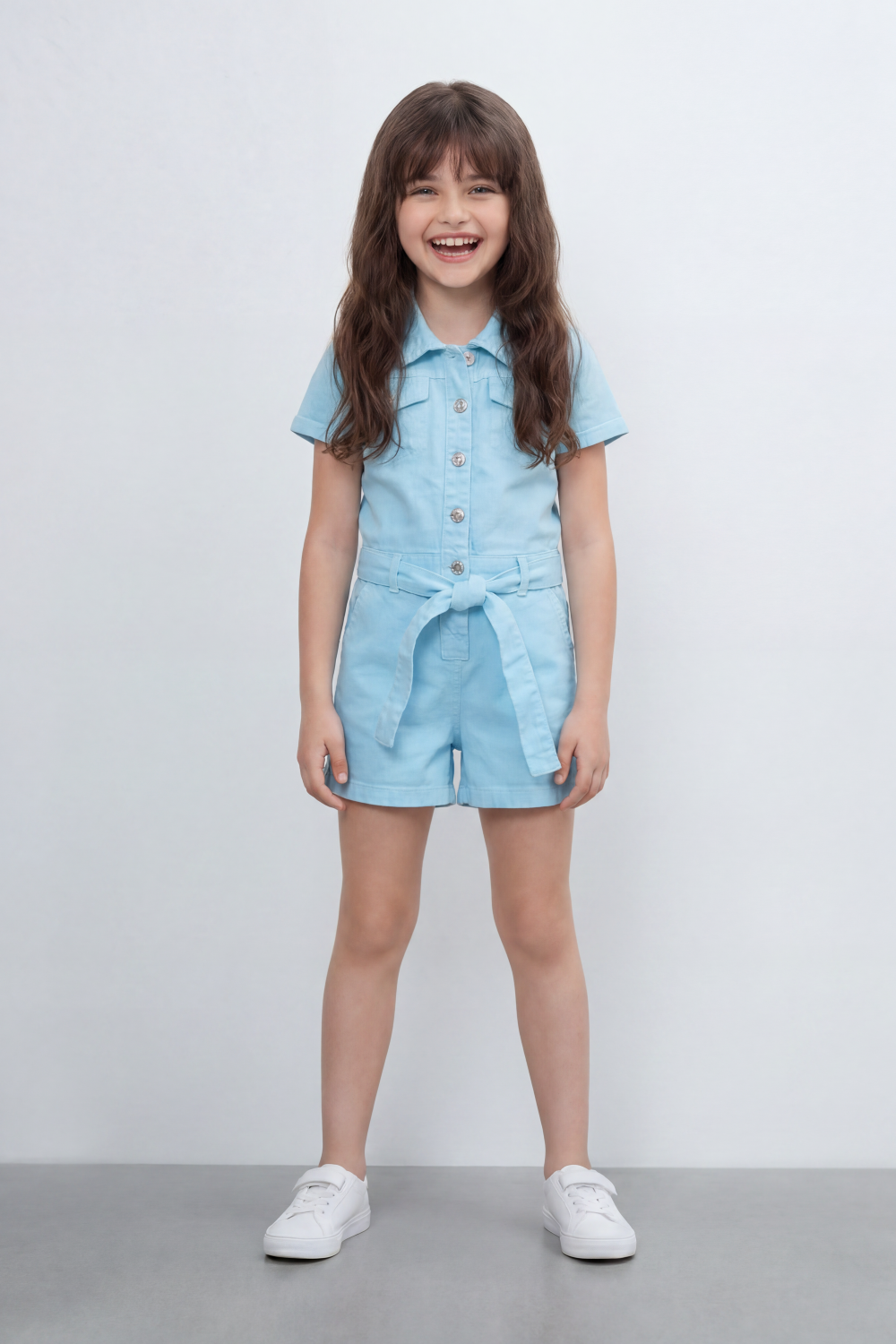Girl's Tomato Store Pocket Utility Romper With Smooth Cotton Twill Texture Plain Solid Dye Surface Button Front Design Regular Fit Jumpsuit