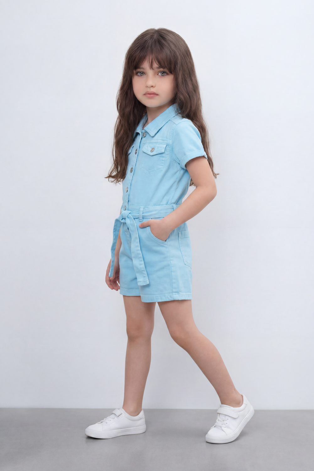 Girl's Tomato Store Pocket Utility Romper With Smooth Cotton Twill Texture Plain Solid Dye Surface Button Front Design Regular Fit Jumpsuit