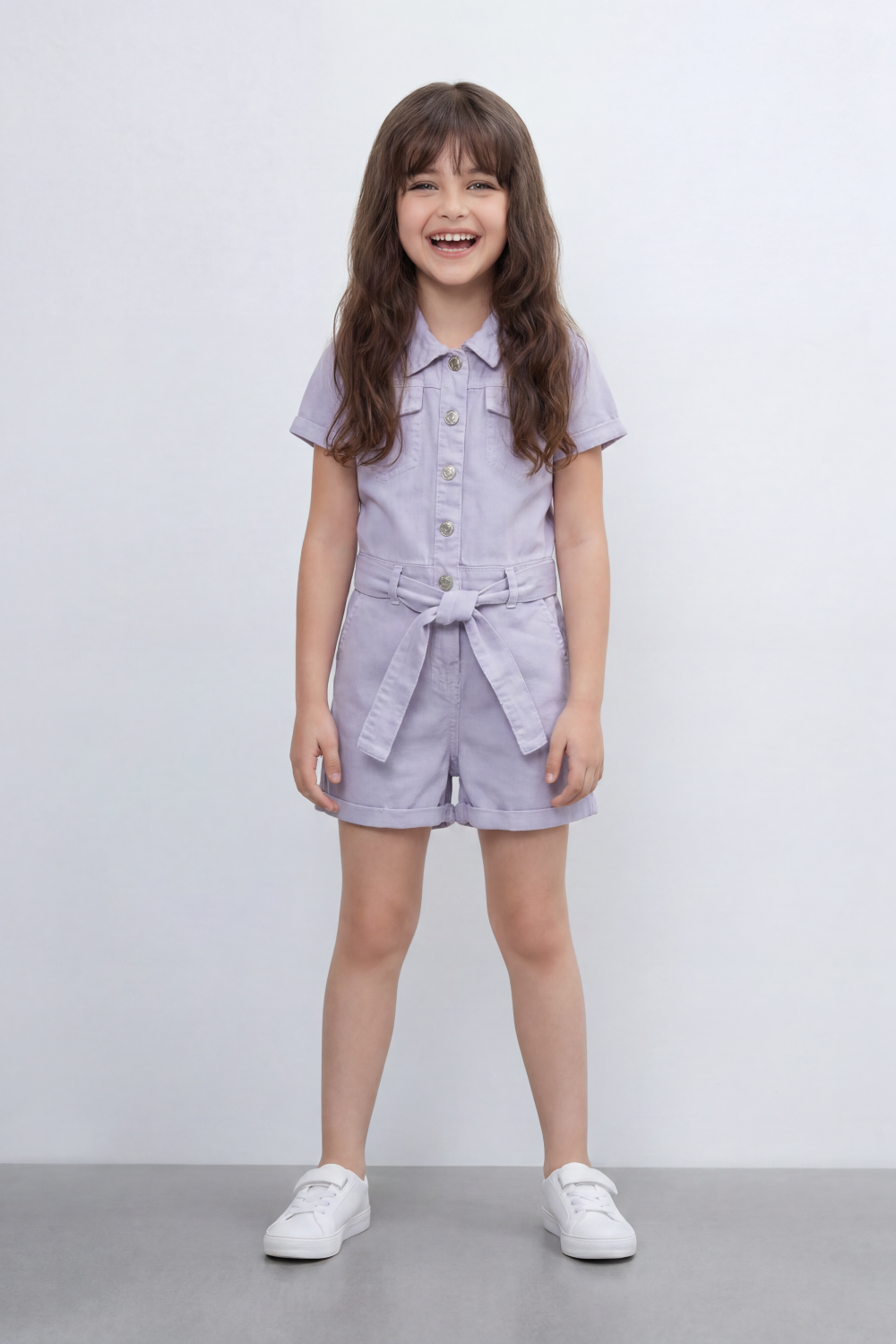 Girl's Tomato Store Pocket Utility Romper With Smooth Cotton Twill Texture Plain Solid Dye Surface Button Front Design Regular Fit Jumpsuit