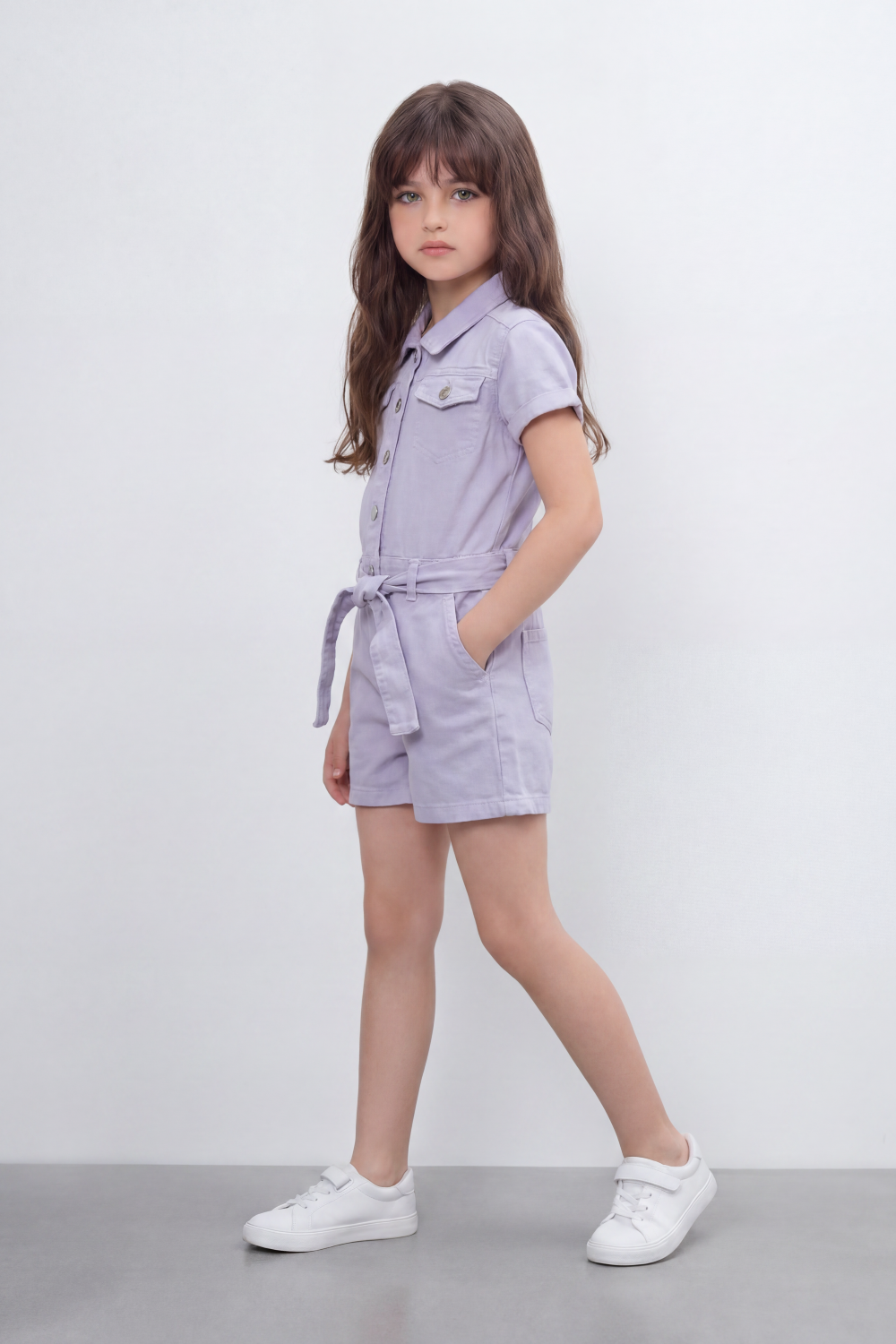 Girl's Tomato Store Pocket Utility Romper With Smooth Cotton Twill Texture Plain Solid Dye Surface Button Front Design Regular Fit Jumpsuit