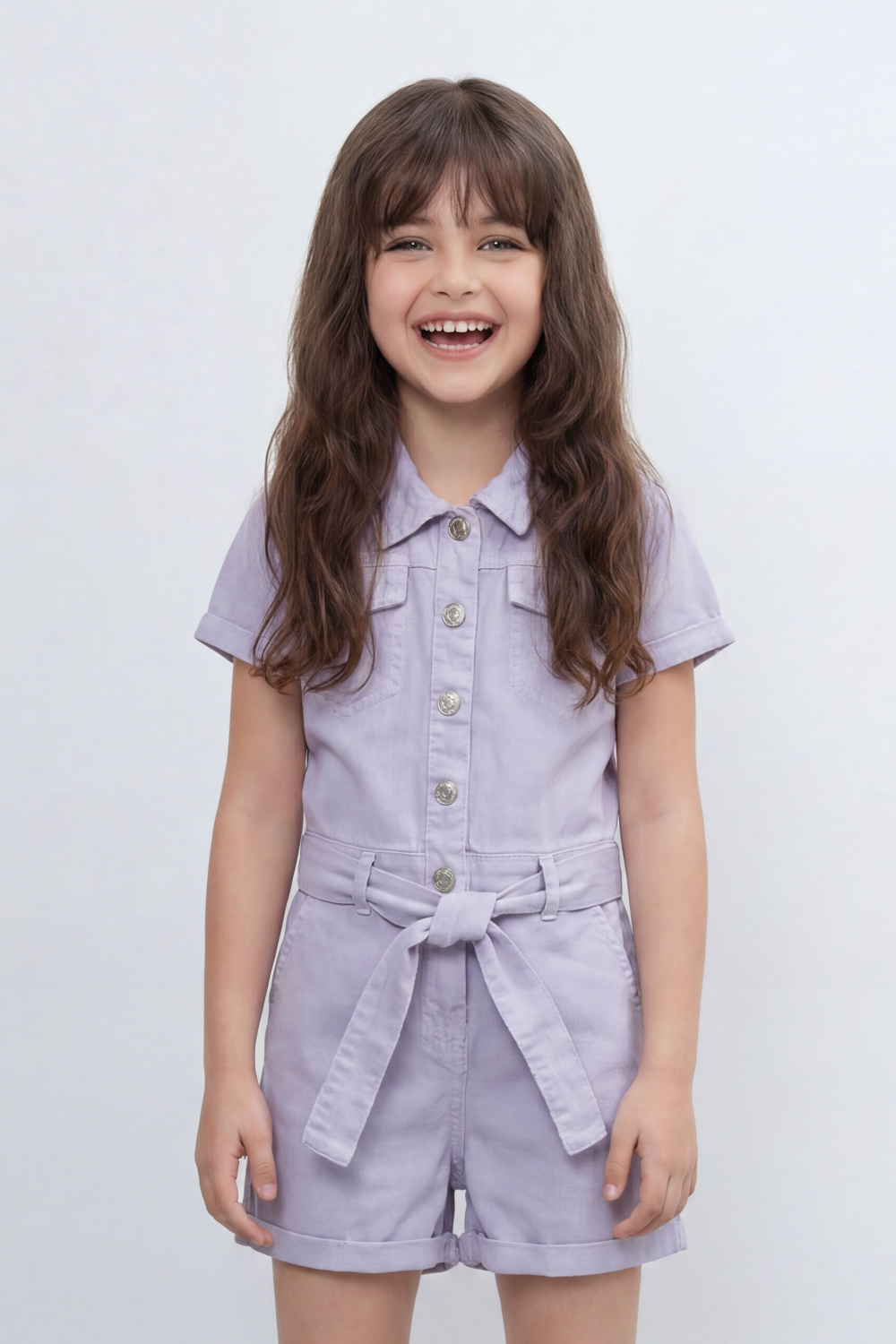 Girl's Tomato Store Pocket Utility Romper With Smooth Cotton Twill Texture Plain Solid Dye Surface Button Front Design Regular Fit Jumpsuit