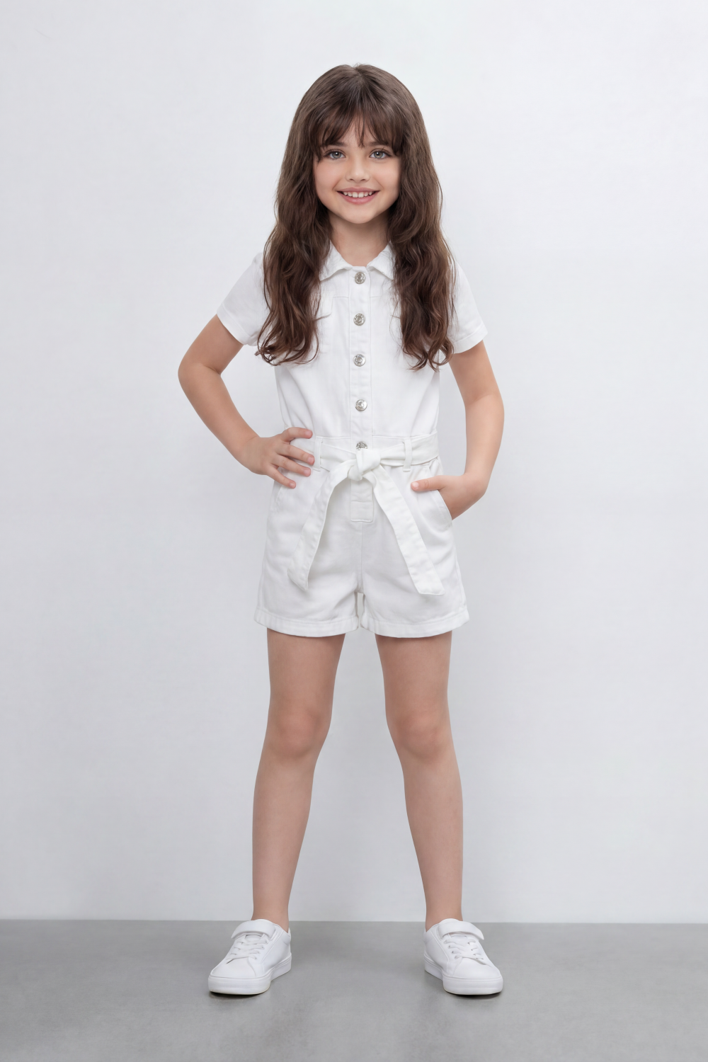 Girl's Tomato Store Pocket Utility Romper With Smooth Cotton Twill Texture Plain Solid Dye Surface Button Front Design Regular Fit Jumpsuit