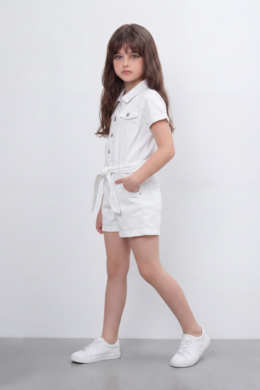 Girl's Tomato Store Pocket Utility Romper With Smooth Cotton Twill Texture Plain Solid Dye Surface Button Front Design Regular Fit Jumpsuit