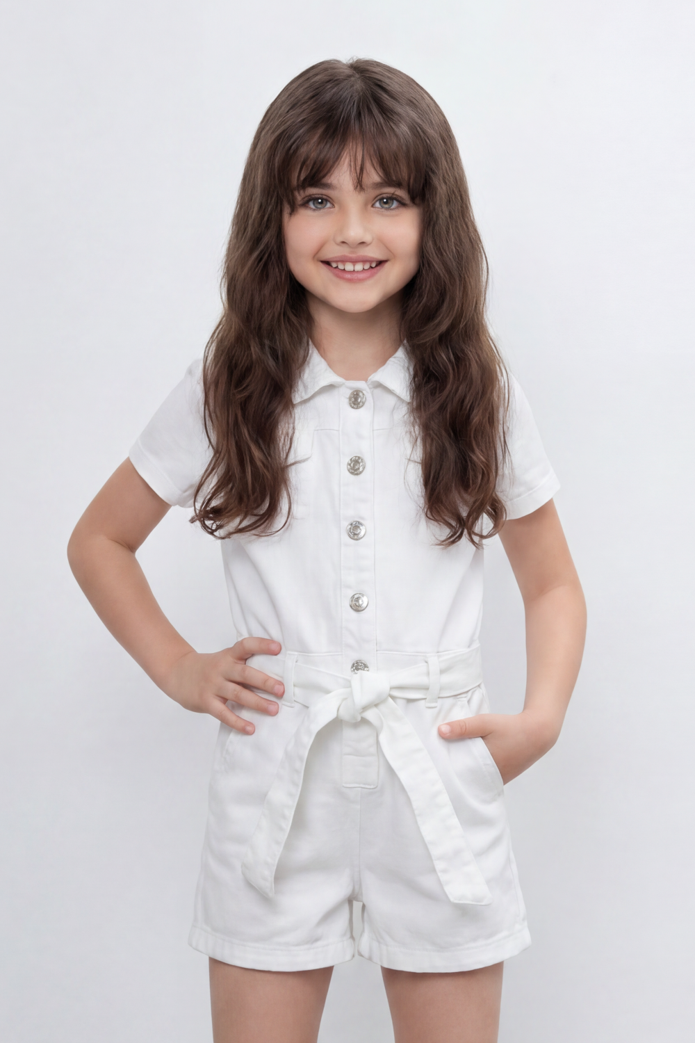 Girl's Tomato Store Pocket Utility Romper With Smooth Cotton Twill Texture Plain Solid Dye Surface Button Front Design Regular Fit Jumpsuit