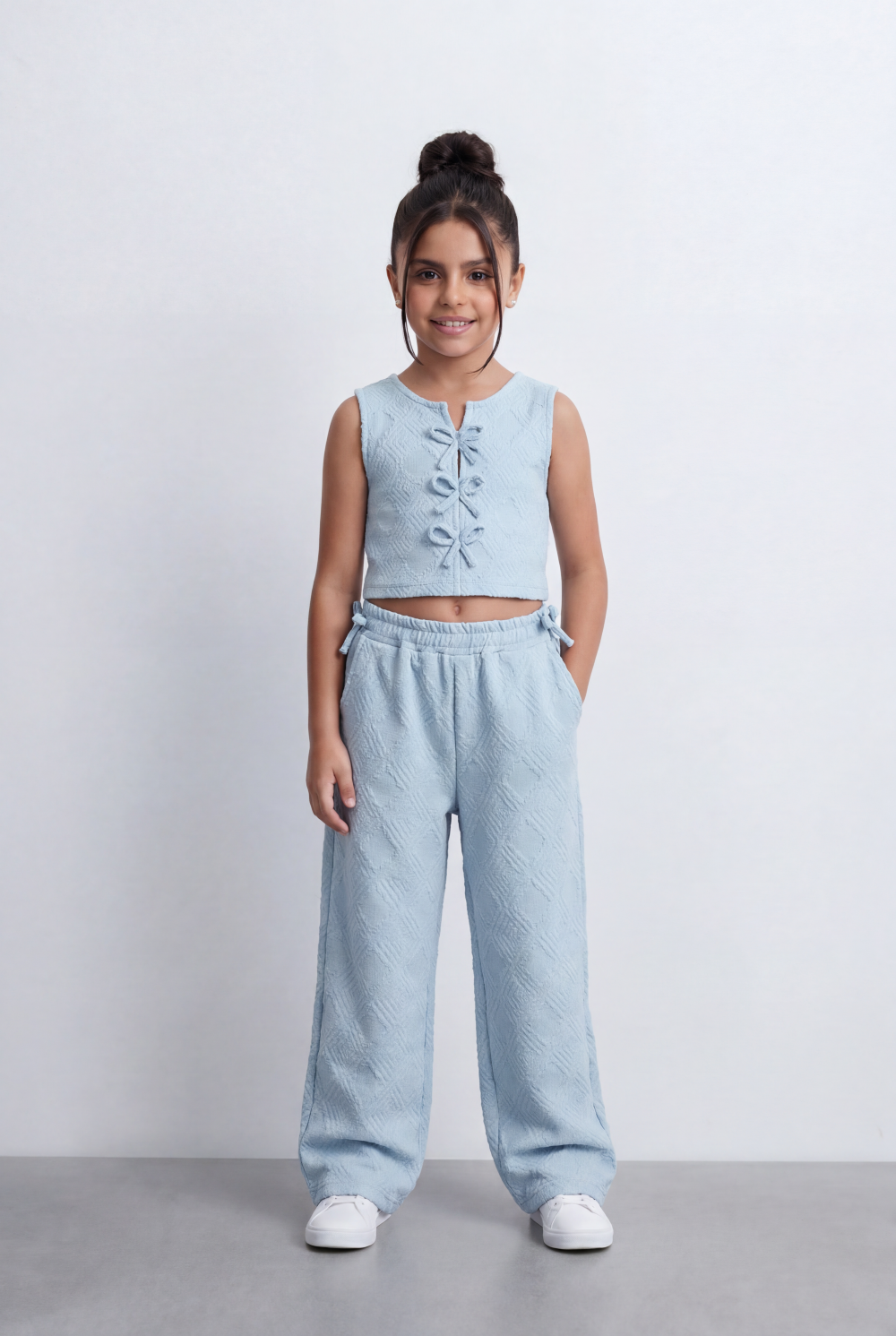 Girls Textured Co-Ord Set Sleeveless Crop Top With Front Bow Tie Details Embossed Fabric Elastic Waistband Outfit