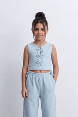 Girls Textured Co-Ord Set Sleeveless Crop Top With Front Bow Tie Details Embossed Fabric Elastic Waistband Outfit