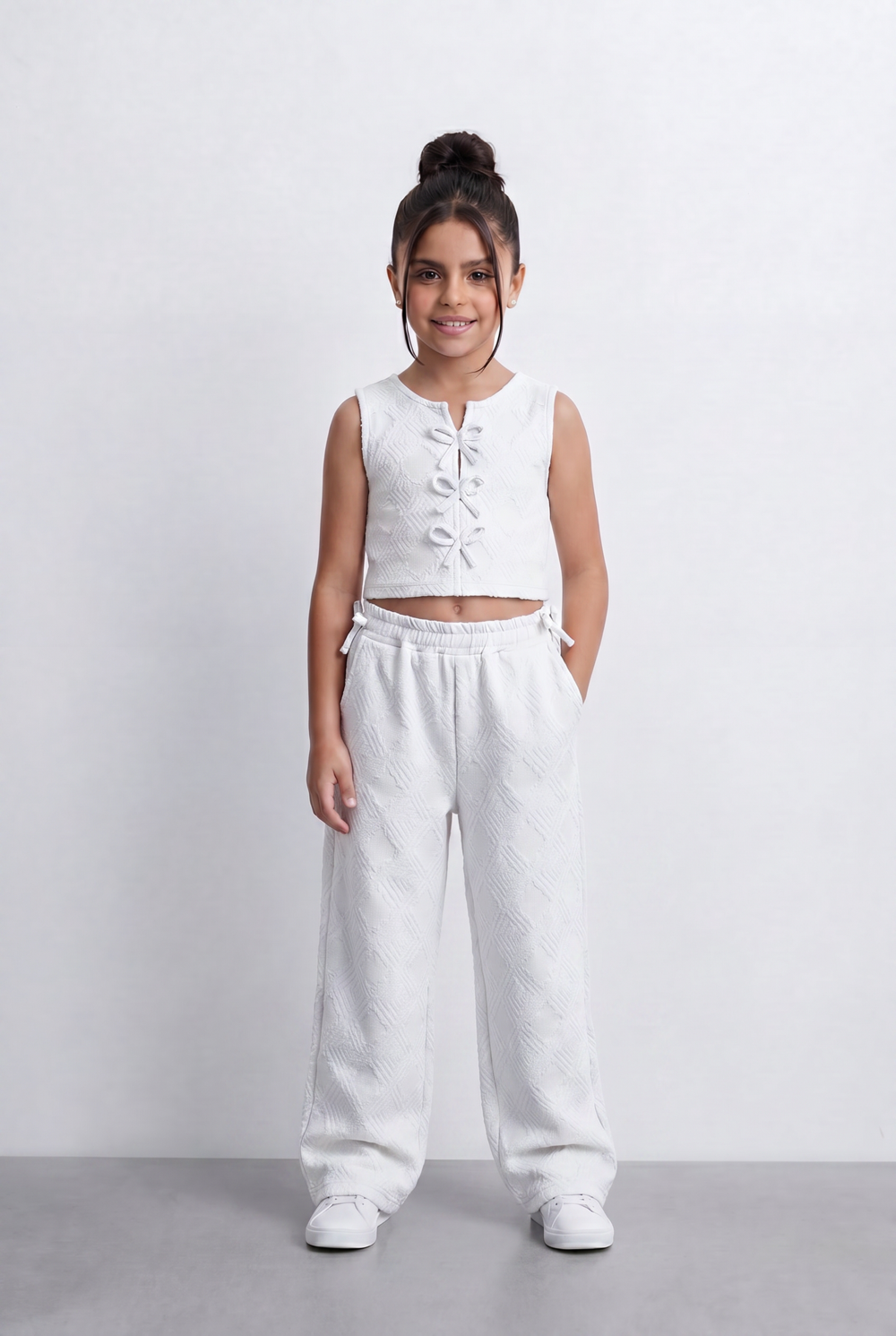Girls Textured Co-Ord Set Sleeveless Crop Top With Front Bow Tie Details Embossed Fabric Elastic Waistband Outfit
