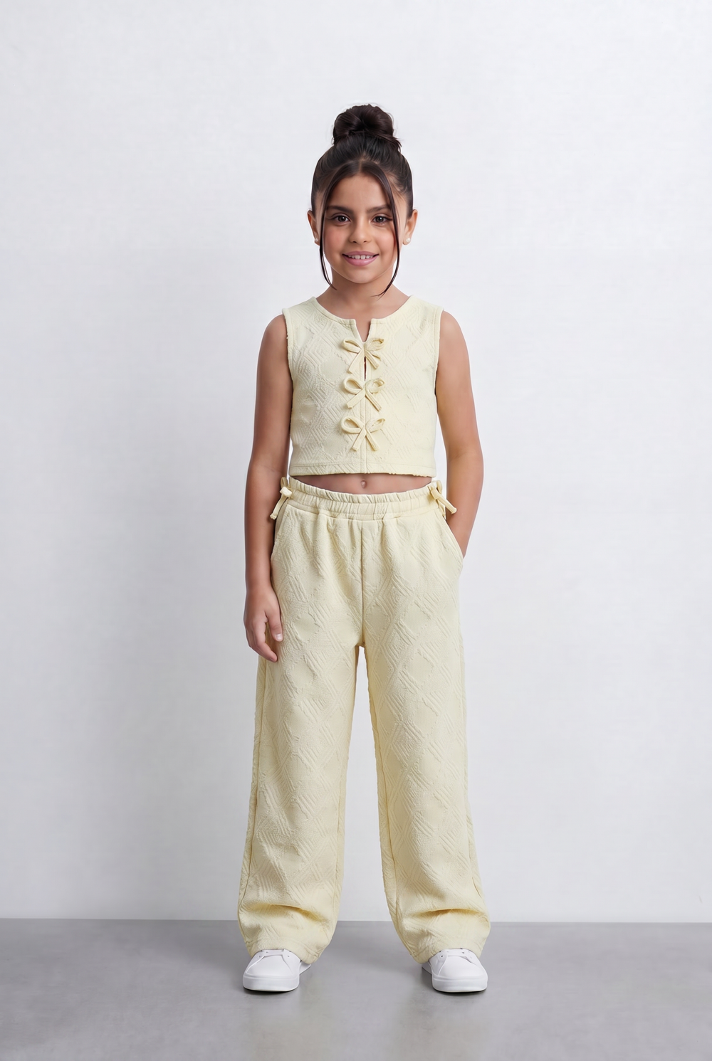 Girls Textured Co-Ord Set Sleeveless Crop Top With Front Bow Tie Details Embossed Fabric Elastic Waistband Outfit