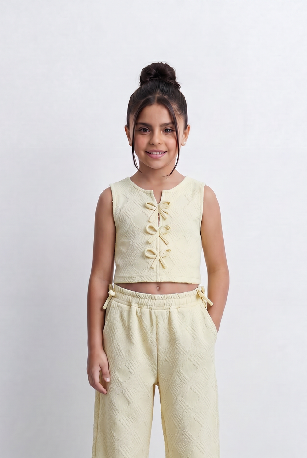 Girls Textured Co-Ord Set Sleeveless Crop Top With Front Bow Tie Details Embossed Fabric Elastic Waistband Outfit