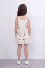 Girl's Tomato Store Meadow Stitch Slim Fit Outfit Set Raised Floral Embroidery Vine Line Artwork Over Textured Check Surface Ruffle Trim