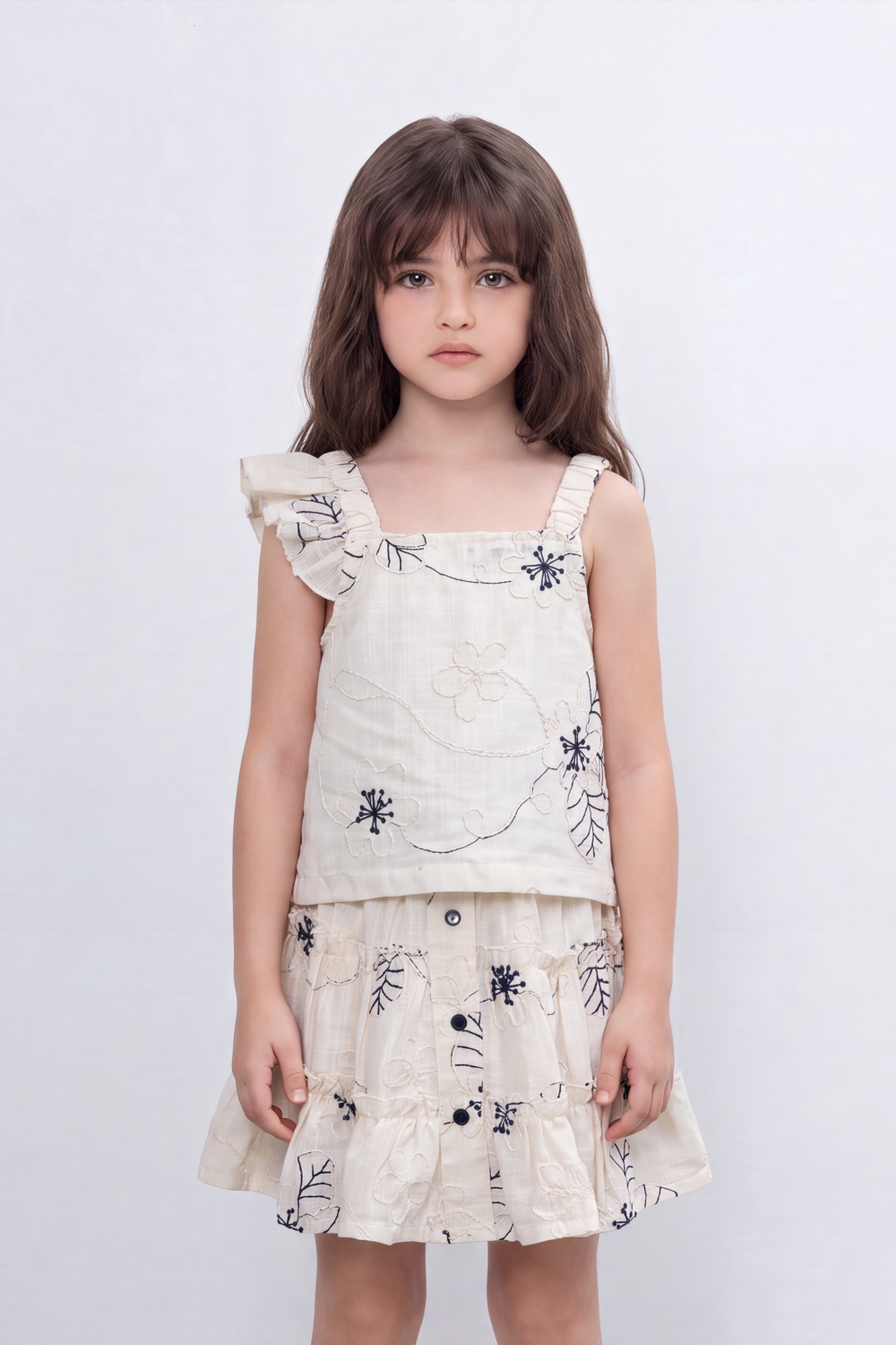 Girl's Tomato Store Meadow Stitch Slim Fit Outfit Set Raised Floral Embroidery Vine Line Artwork Over Textured Check Surface Ruffle Trim