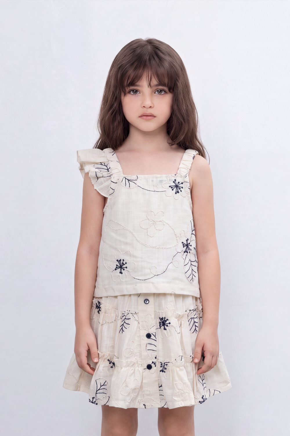 Girl's Tomato Store Meadow Stitch Slim Fit Outfit Set Raised Floral Embroidery Vine Line Artwork Over Textured Check Surface Ruffle Trim