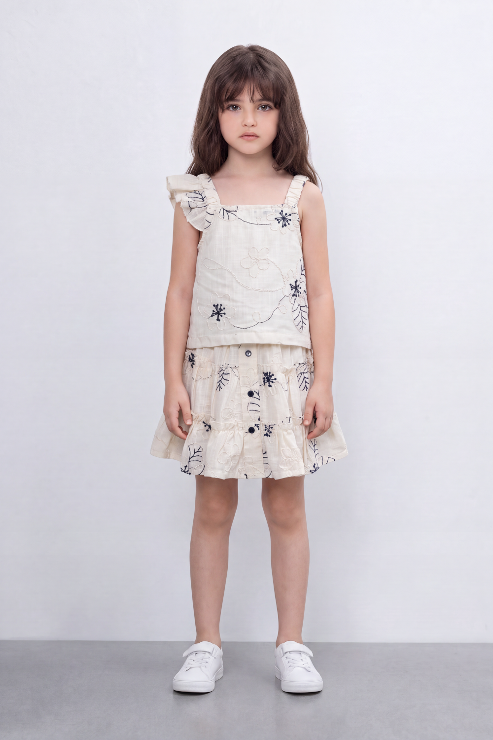 Girl's Tomato Store Meadow Stitch Slim Fit Outfit Set Raised Floral Embroidery Vine Line Artwork Over Textured Check Surface Ruffle Trim