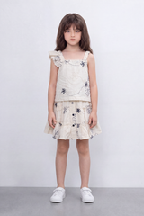 Girl's Tomato Store Meadow Stitch Slim Fit Outfit Set Raised Floral Embroidery Vine Line Artwork Over Textured Check Surface Ruffle Trim